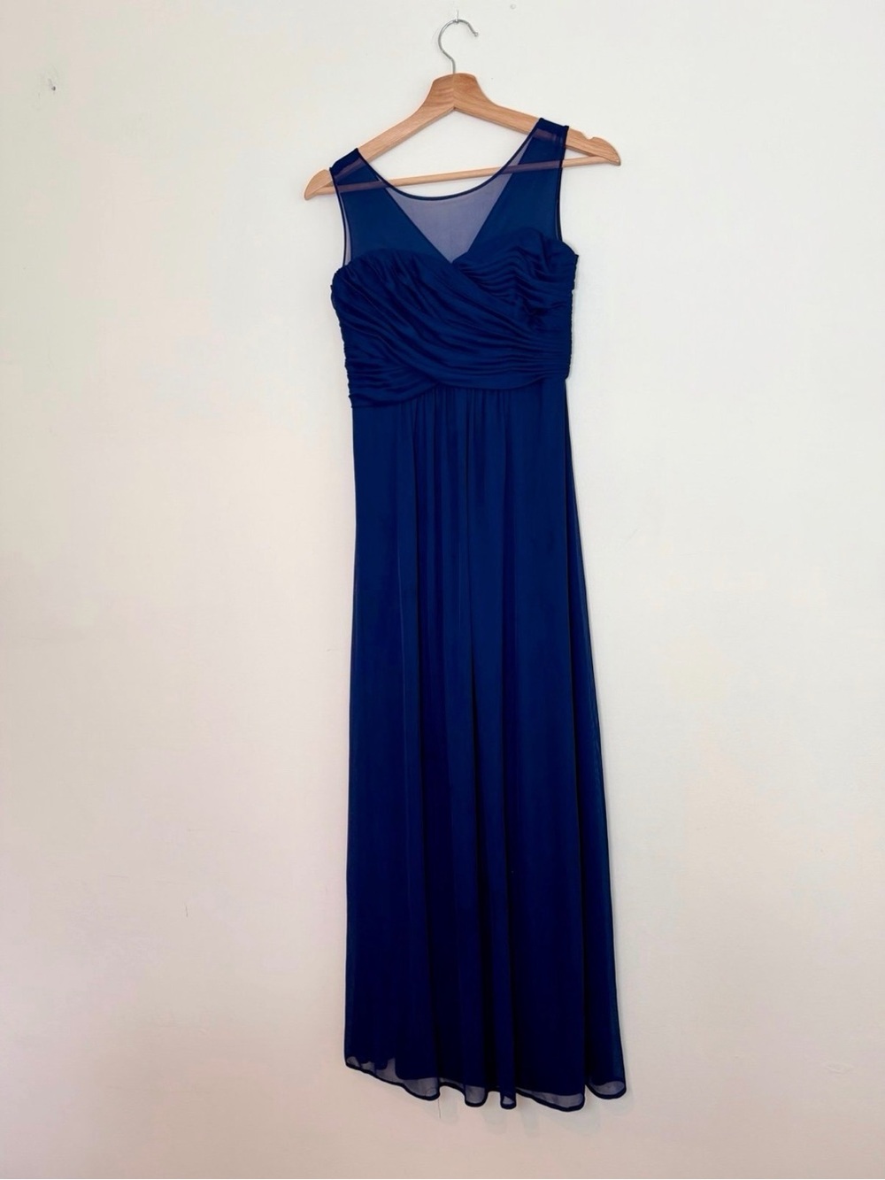 David’s Bridal Girls Navy Blue Ruched Illusion Neckline Maxi Dress Sz 16